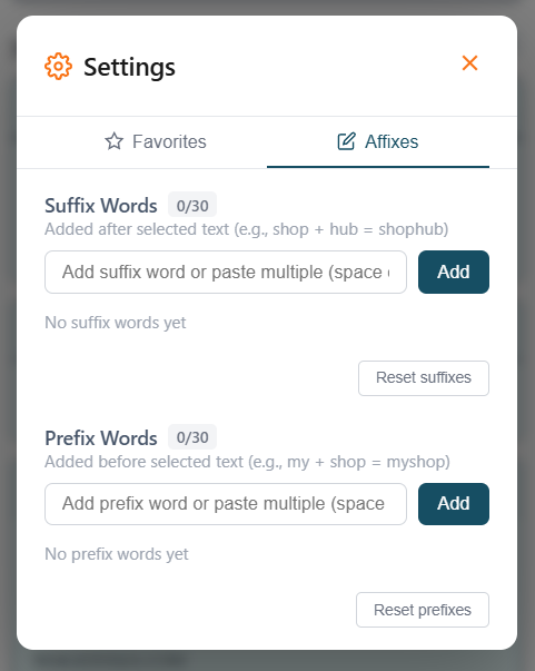 Affixes settings panel
